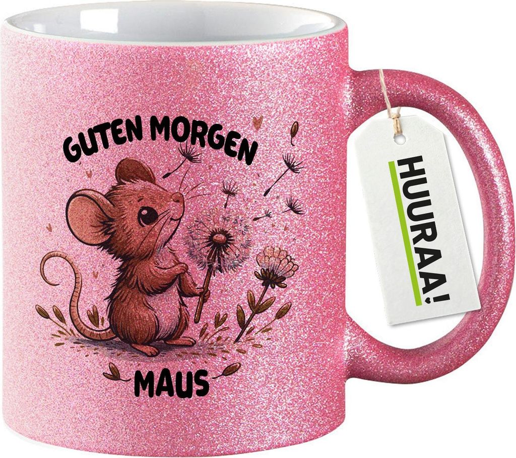 Huuraa Glitzertasse Guten Morgen Maus 330ml Pink Keramik Kaffeebecher Geschenkidee