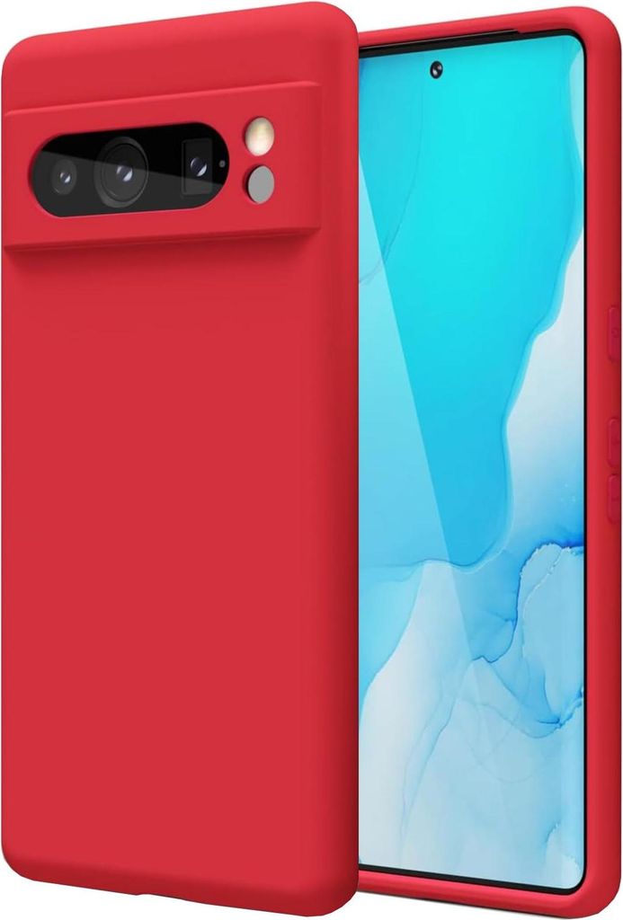 A red phone case is shown from a diagonal angle, with the phone screen visible on the right.