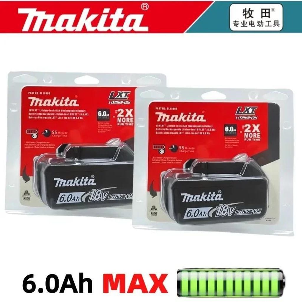 Ersatzakku‐Set BL1860/BL1850 - 18V Li‐Ion Akku + Ladegerät - 6,0Ah 6000mAh - 2er‐Pack - LED‐Anzeige - 18650‐Zellen - Mehrfachschutz - Or...