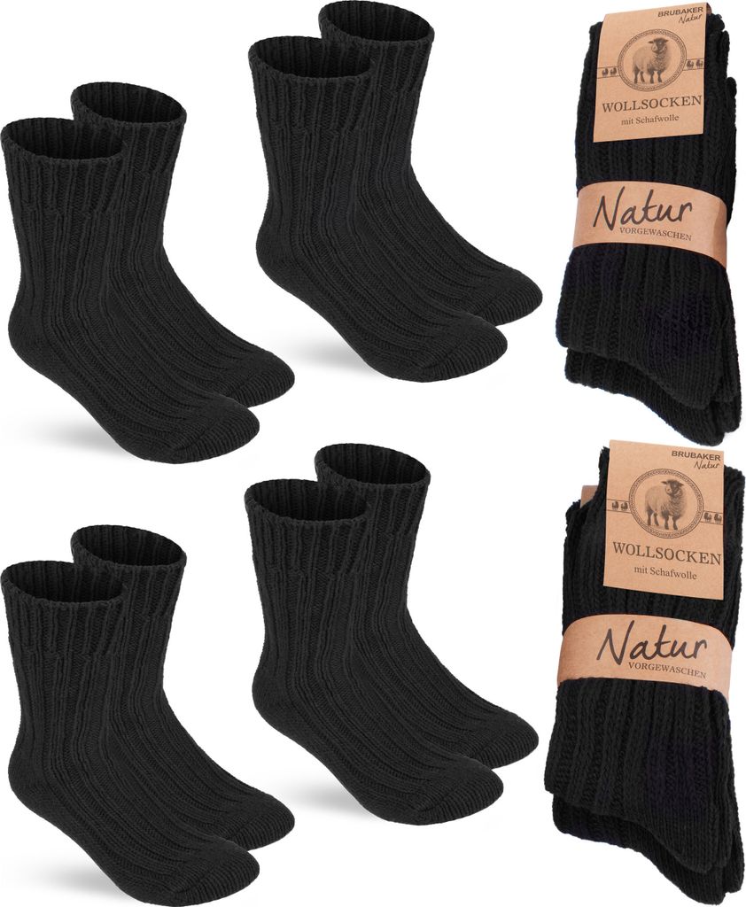 BRUBAKER 4 Paar Wollsocken - Warme Wintersocken für Damen und Herren - Winter Socken, Schwarz, Größe 47-50