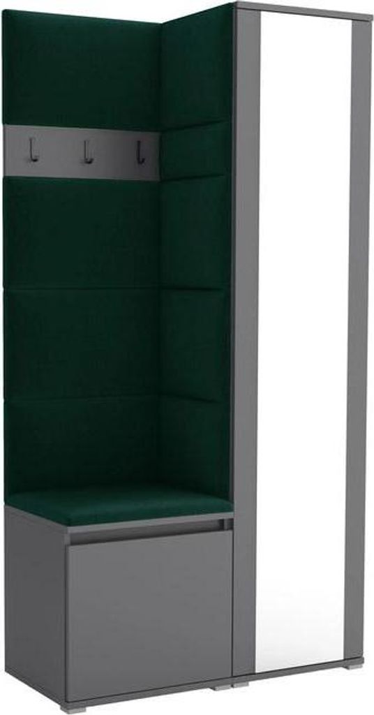 Garderoben-Set Noris VI mit Spiegel, gepolsterte Garderobe 95 cm, kompakte Flurmöbel mit Wandpaneelen, Haken und Stauraum (Farbe: Anthrazit + Trin...