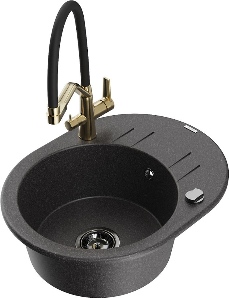 Mexen Kevin 1-Becken-Granitspüle mit Mischbatterie Duo, Schwarz gesprenkelt - 6517-76-671701-57-B