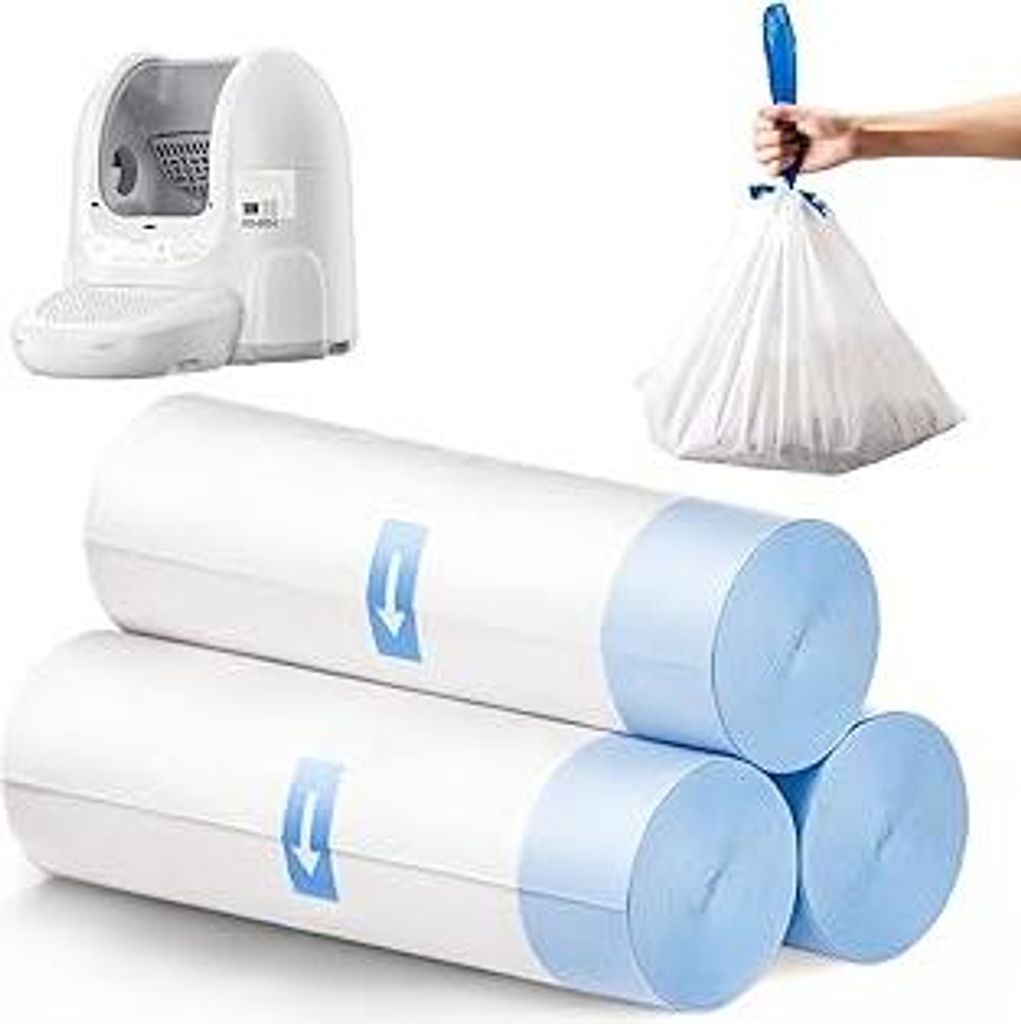 RNRN Müllbeutel für selbstreinigende Katzentoiletten,3 Rollen-45 Stück,70 x 32 cm,Katzentoilettenbeutel mit Zugbändern,Langlebig, abbaubar, und...