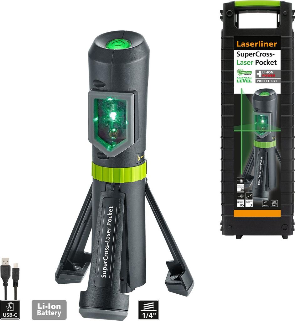 Laserliner SuperCross-Laser Pocket – Grüner Kreuzlinienlaser mit Stativ