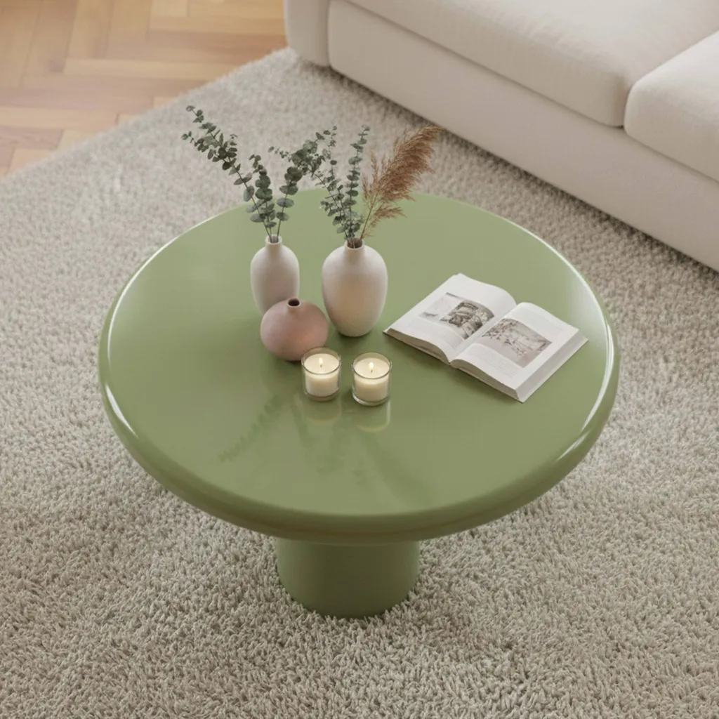 Table basse ronde anti-rayures vert olive en MDF laqué