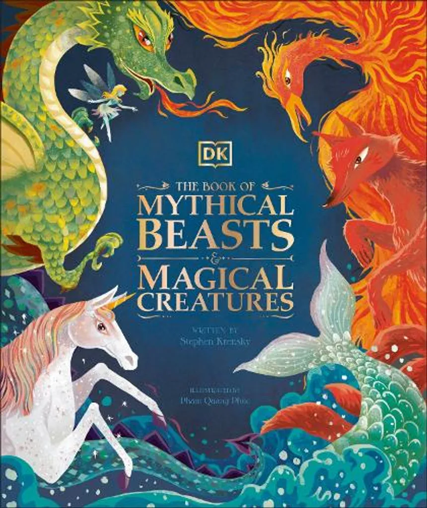 Livre de créatures magiques avec dorures et illustrations fantastiques