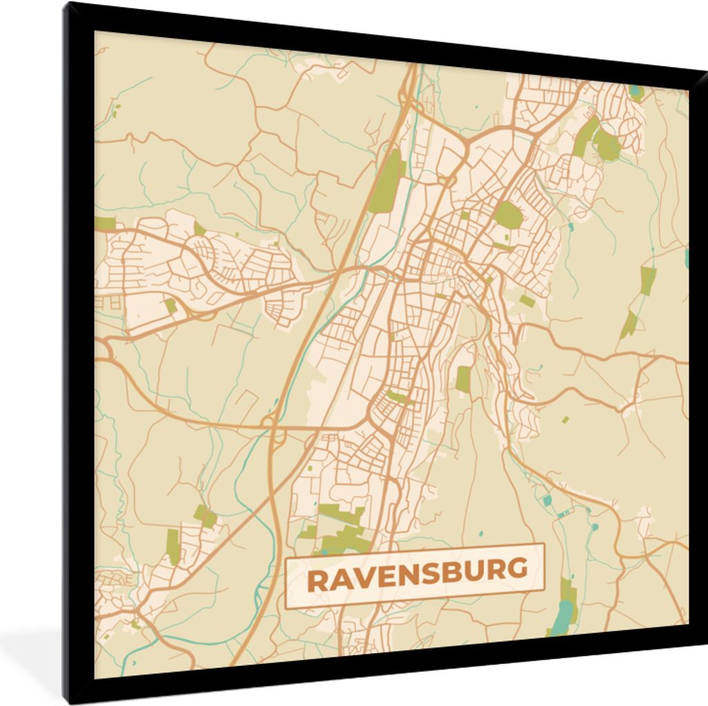 MuchoWow Gerahmtes Poster Ravensburg - Karte - Stadtplan - Vintage 40x40 cm - Poster mit Schwarzem Bilderrahmen Wandposter Rahmen Foto Bilder - M...