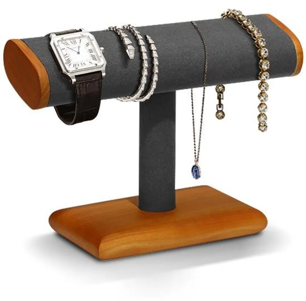 Support montre bois gris, design en T antistatique et gain de place