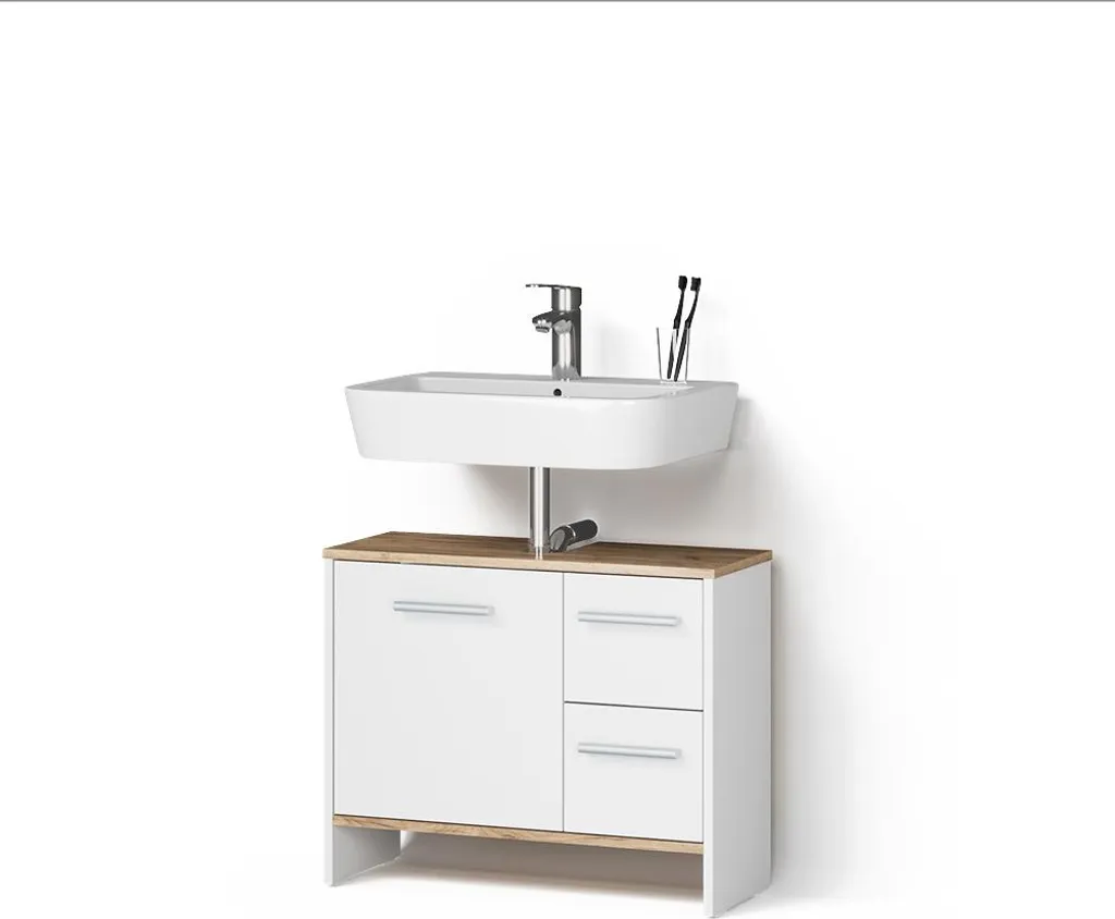 Livinity Mobile sottolavabo per bagno Amalfi, 70.2 x 57 cm con 2 cassetti e 1 anta, Rovere bianco/dorato/Quercia dorata
