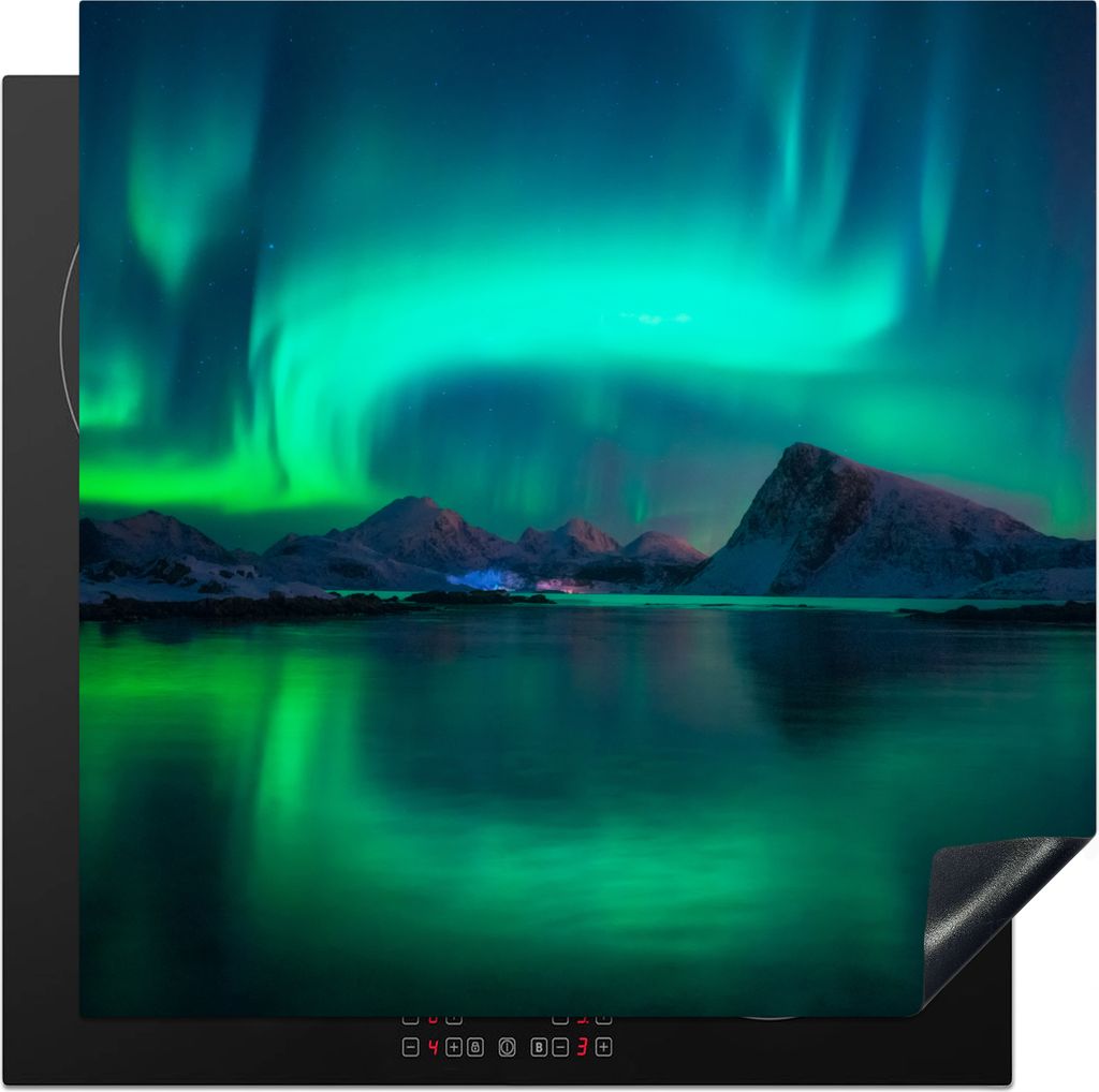 KitchenYeah Herdabdeckplatte Nordlichter - Berge - Norwegen , 78x78cm, Küche Deko, Glaskeramikfeld Herdabdeckung, Abdeckplatte fùr Kochfeld