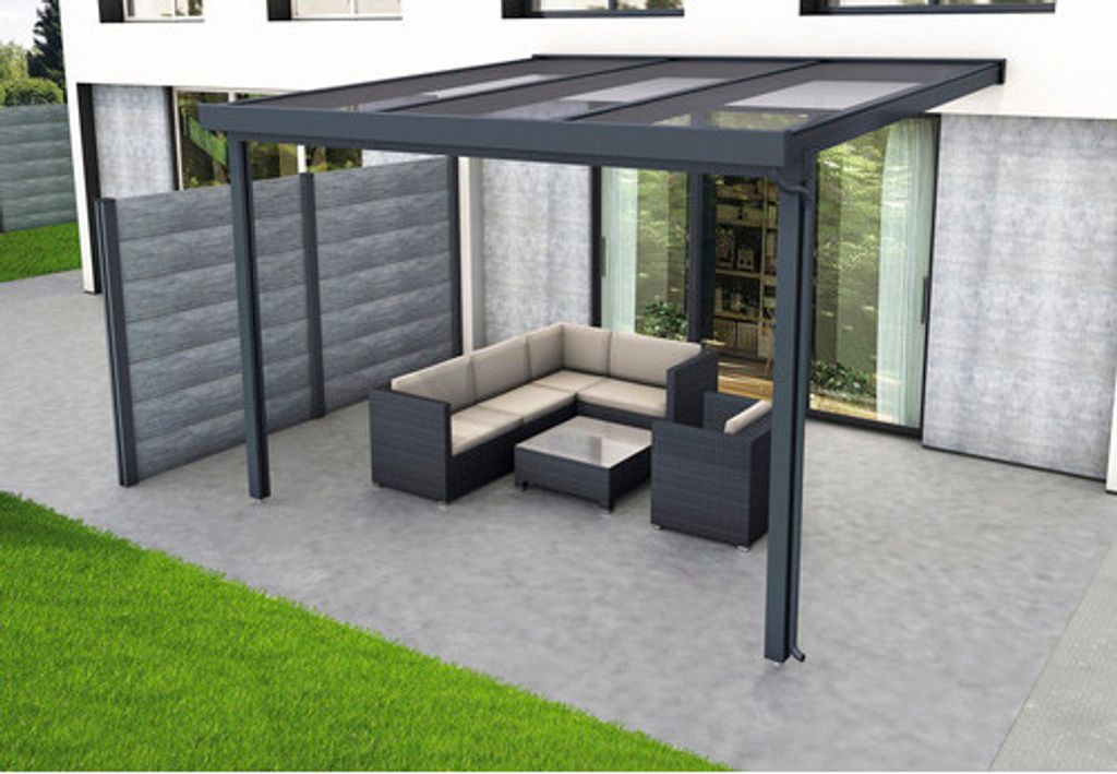 Terrassenüberdachung gutta Premium Polycarbonat weiß gestreift 309 x 306 cm anthrazit