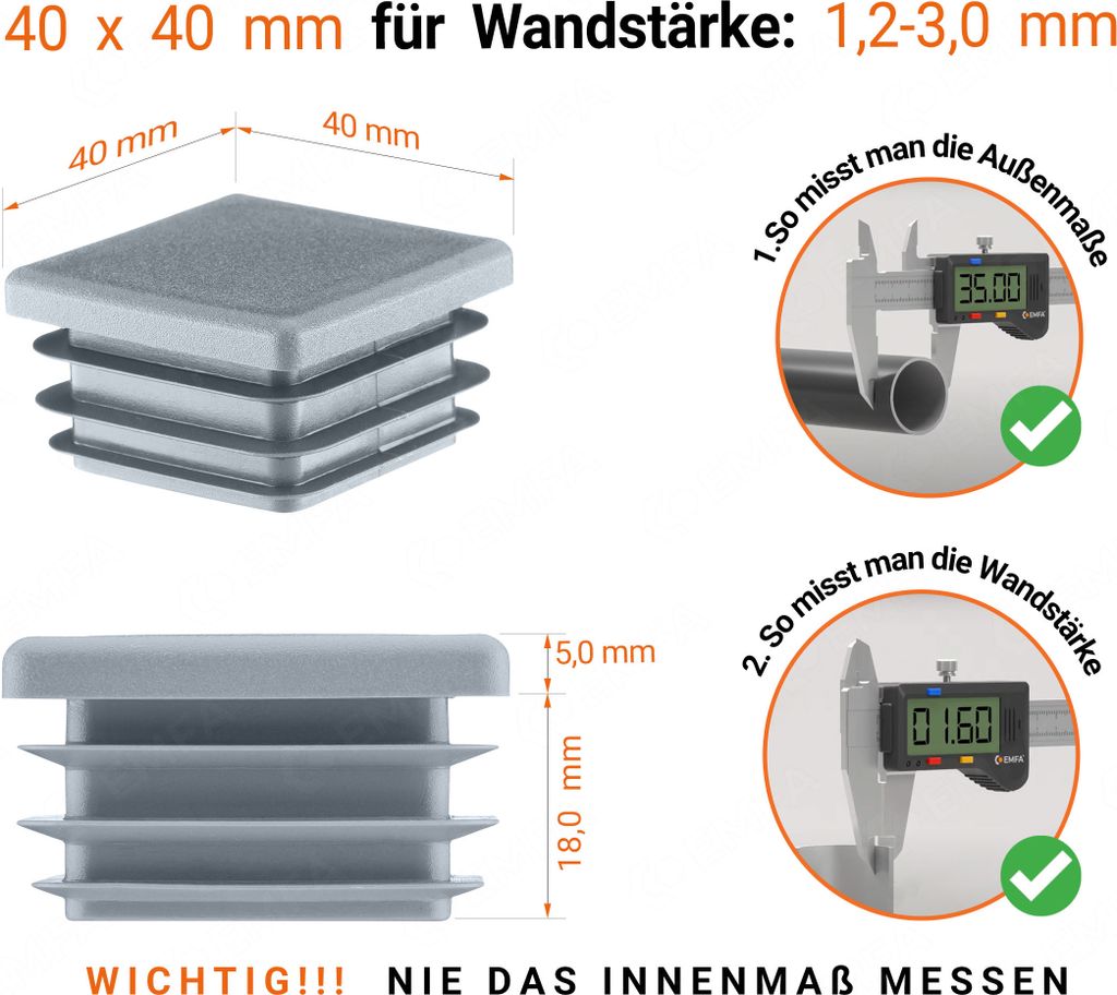 Vierkantrohrstopfen 45x45mm 8er Set - Lamellenstopfen Für Stahlrohr & Aluprofil