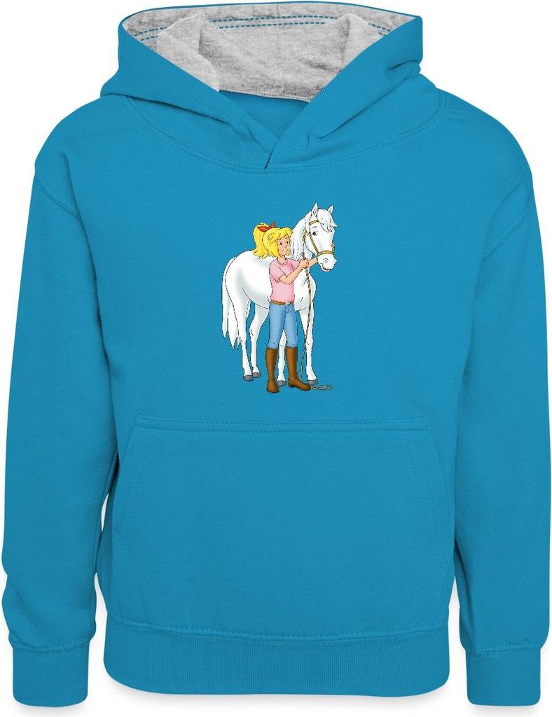 Spreadshirt Bibi Und Tina Bibi Mit Stute Sabrina Kinder Kontrast-Hoodie, XS (3/4 years), Pfauenblau/Grau meliert
