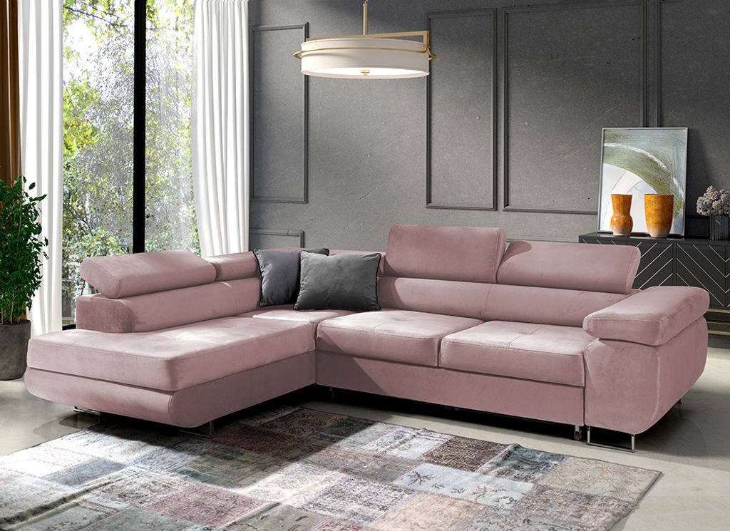 Ecksofa in L-Form "Mediolan", L-förmige Eckcouch mit Schlaffunktion, ausziehbares Sofa, 1 Bettzeugbehälter, verstellbare Kopfstützen, (Kronos 27)