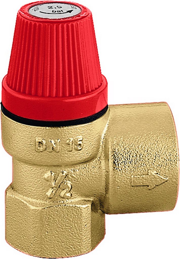 A brass safety valve with a red cap.