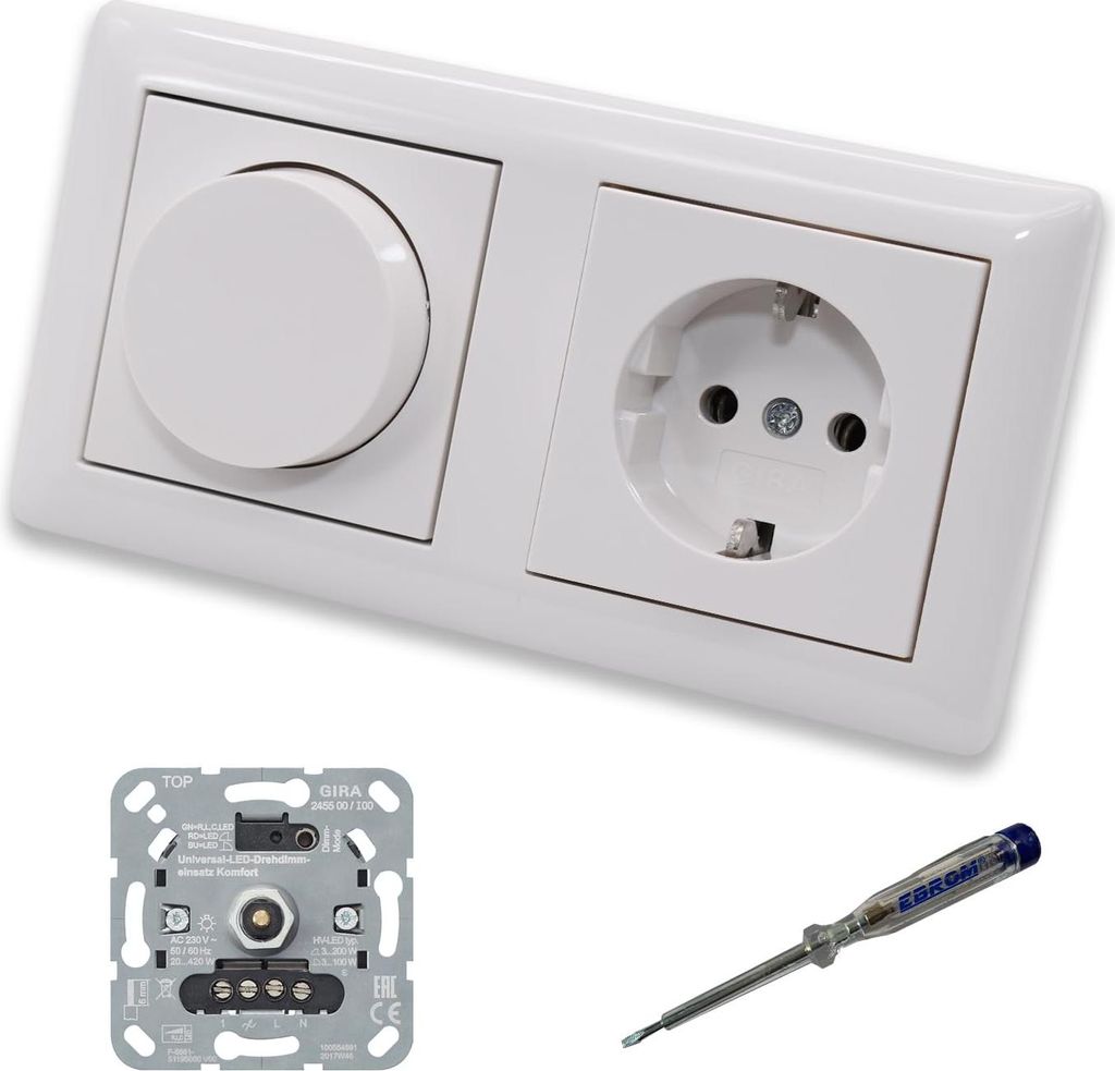 GIRA 245500 LED Drehdimmer Dimmer + Dimmerscheibe 065003 und Steckdose mit Kinderschutz 445303 in System55 reinweiß glänzend inkl. EBROM Phasenpr...