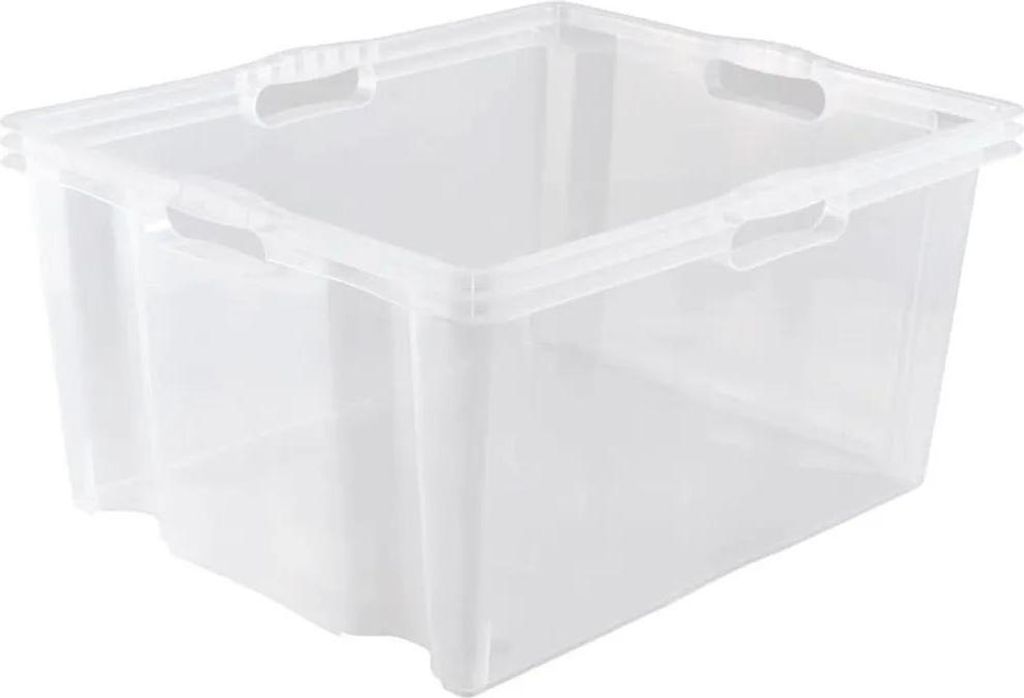 A clear plastic storage box with handles is shown against a white background.