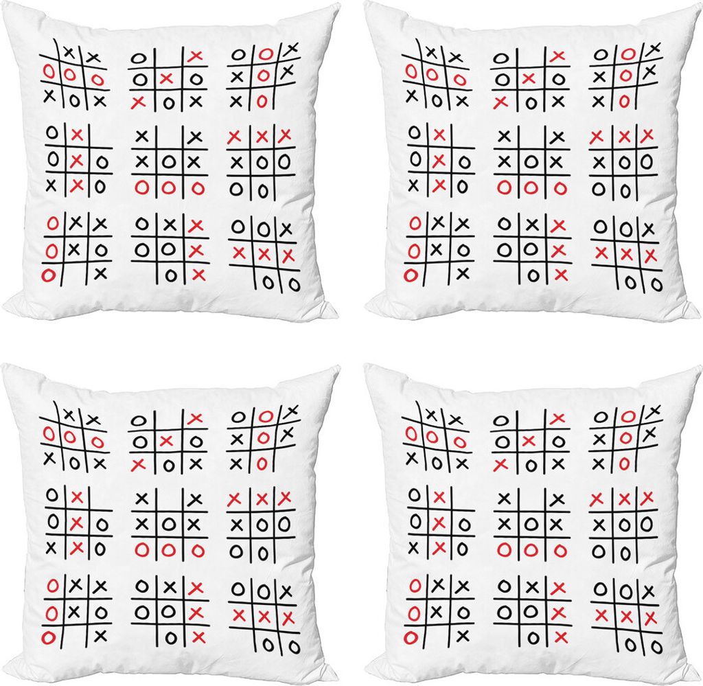 ABAKUHAUS Xo Kissenbezug Set (4 Stück), Tic Tac Toe-Spiel Set Art, Moderner Doppelseitiger Digitaldruck, 45 cm x 45 cm, Schwarz Weiß und Rot