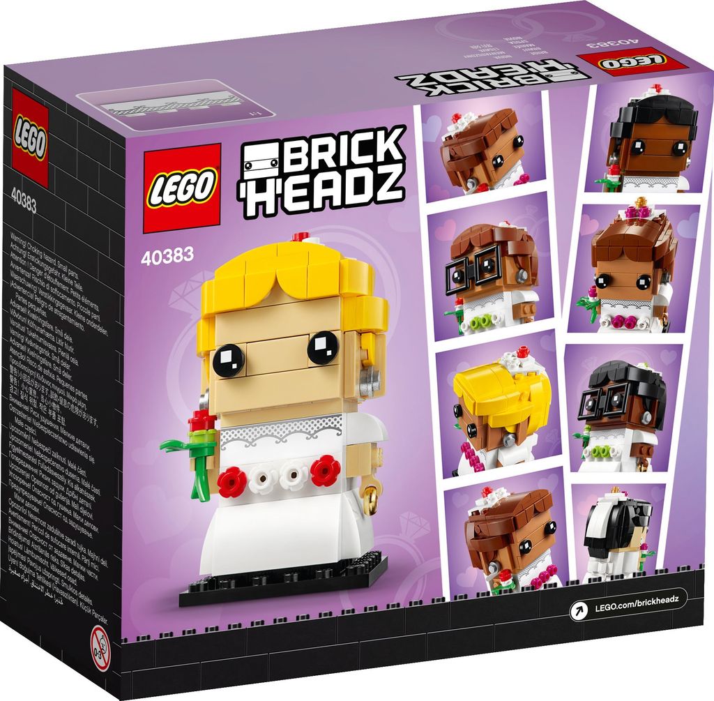 The image shows the packaging of a LEGO BrickHeadz set, featuring a bride figure and smaller images of other BrickHeadz figures.