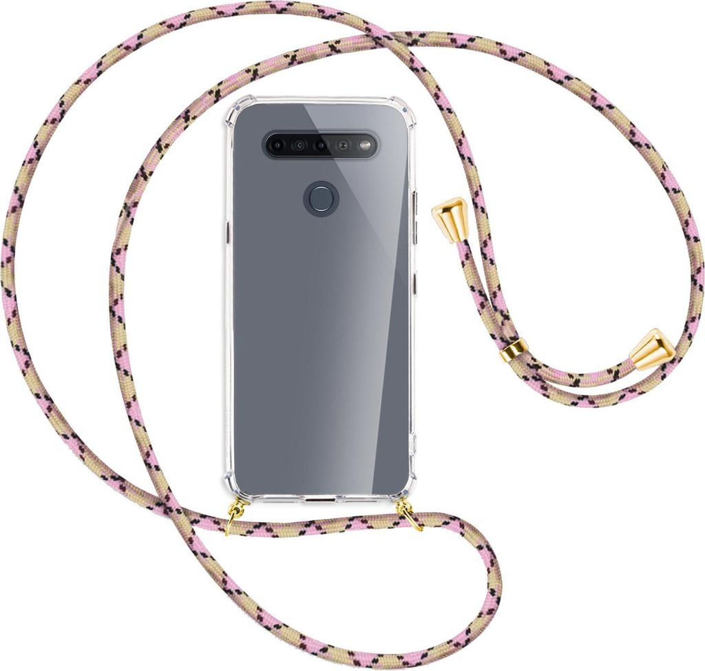 Handykette Backcover-Schutzhülle mit Band (Metall goldfarben) für LG K51S LM-K510 - rosa Karo