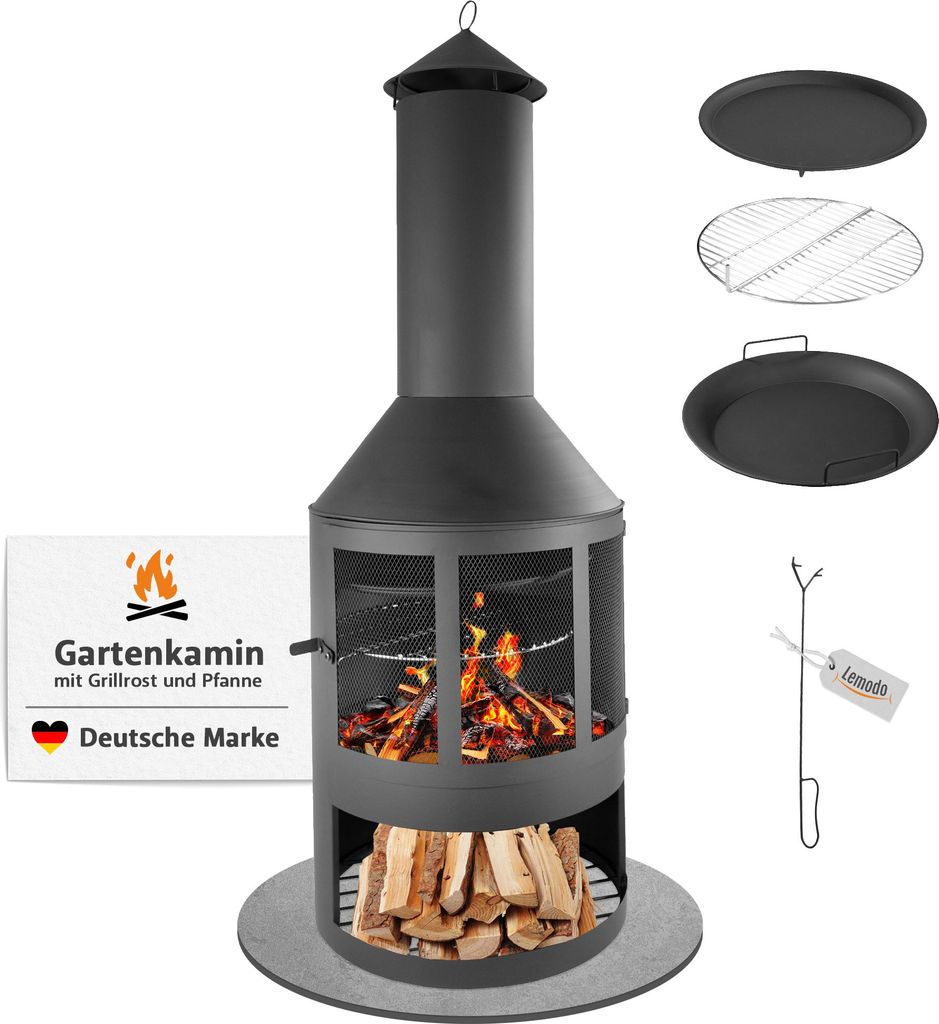 Gartenkamin mit Grillrost und Pfanne, Outdoor-Kamin mit Produktbild 