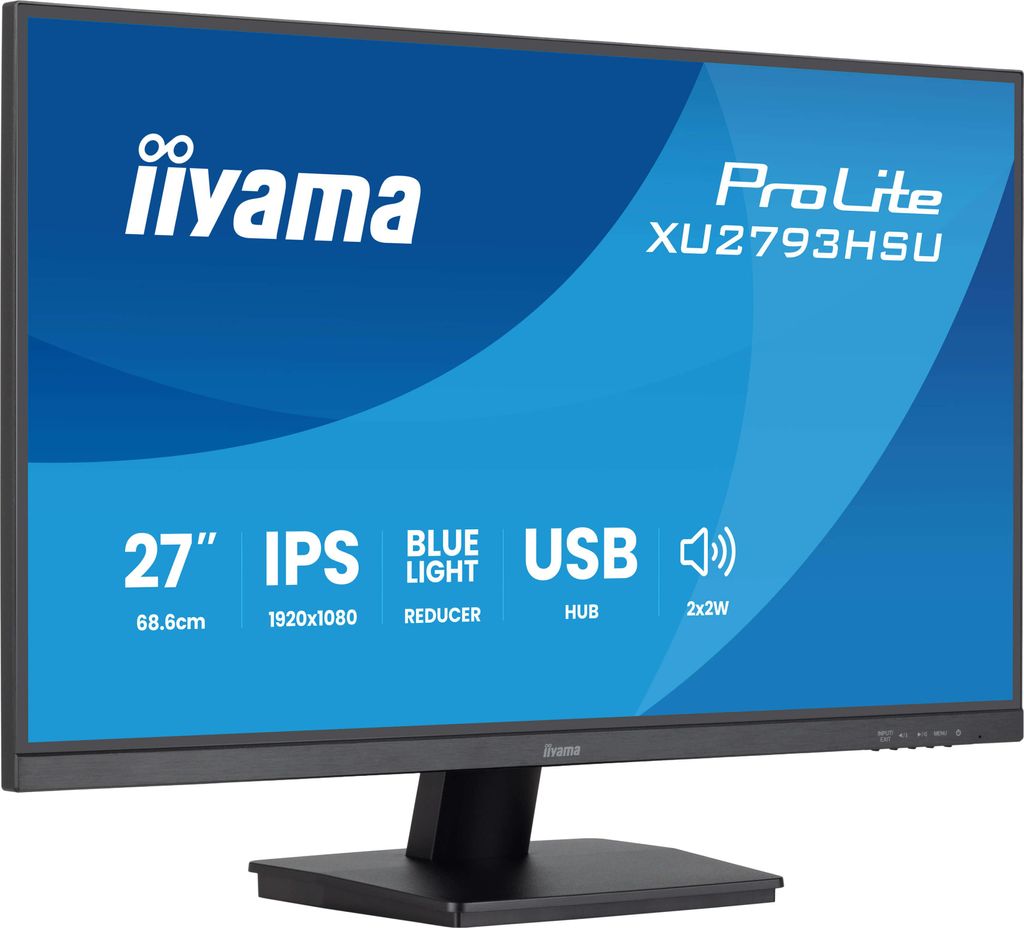 A marketing image of an Iiyama ProLite XU2793HSU monitor, displaying its features.