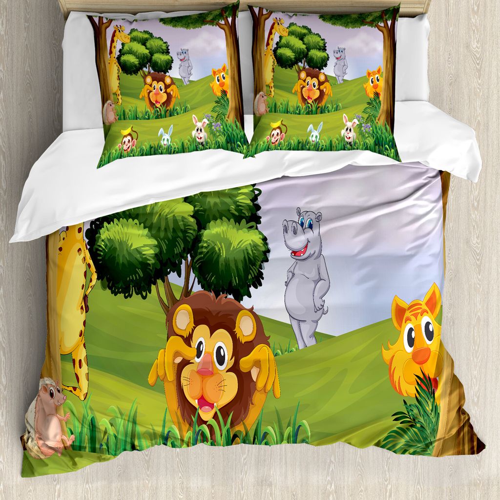 ABAKUHAUS Zoo Bettbezug, Tiere in Wald Safari, Milbensicher Allergiker geeignet mit Kissenbezügen, 200 cm x 200 cm - 80 x 80 cm, Mehrfarbig