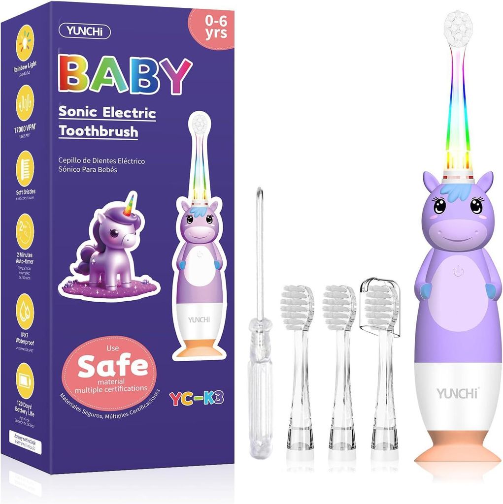Elektrische Zahnbürste Kinder ab 0-6 Jahre Baby mit buntem LED Licht Smart Timer Kinderzahnbürste Kleinkind Schallzahnbürste mit 4 Weiche Bürst...