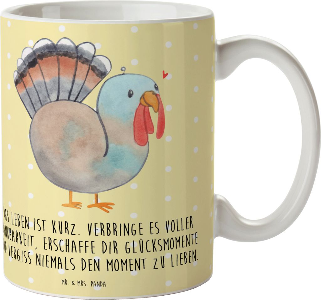 Mr. & Mrs. Panda Kaffeebecher Thanksgiving Truthahn - Gelb Pastell - Geschenk, Trinkbecher, Dankbarkeit, Tasse, Handgezeichnet, Becher, haferl, kaf...