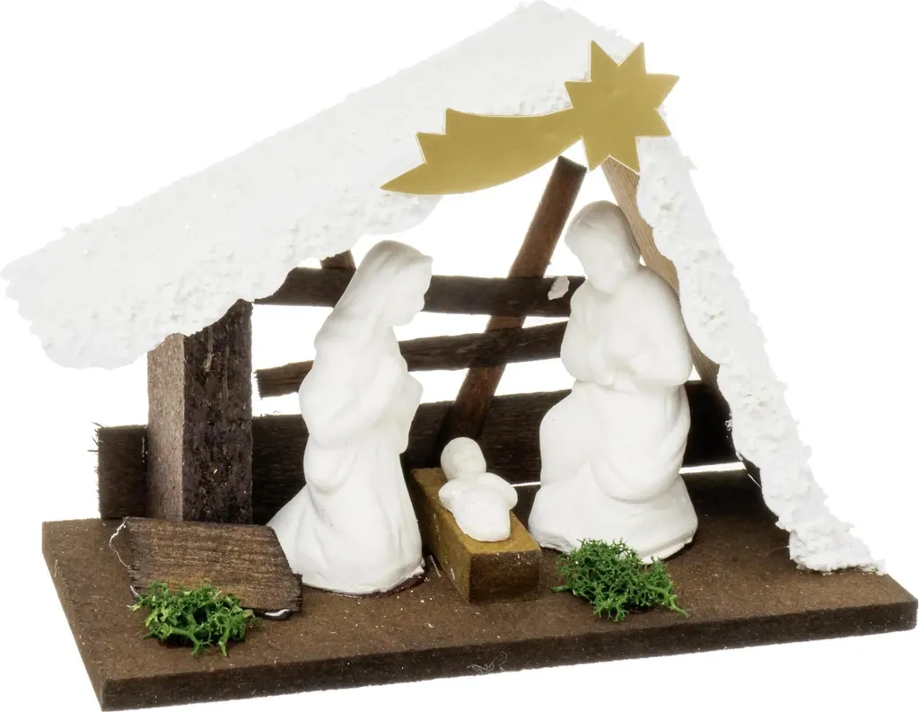 Crèche de Noël artisanale en bois naturel de bouleau avec toit en écorce