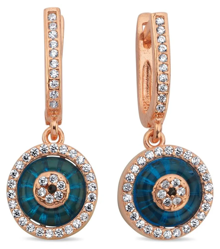 Créoles Nazar en Argent 925 et Or Rose avec Œil en Verre Bleu et Zircone