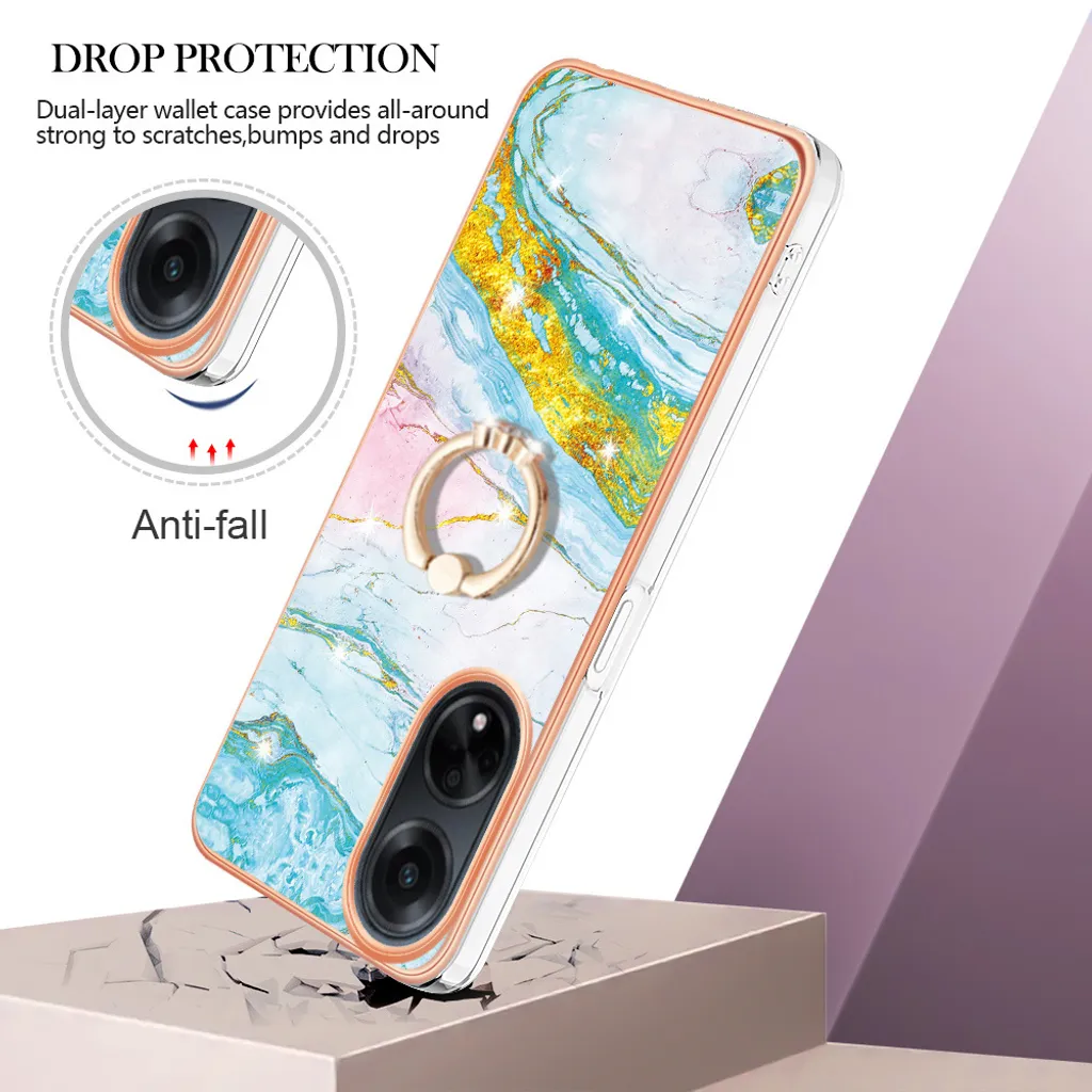 Oppo A98 Cover Marmo Blu - Custodia Shockproof con Supporto Anello - 2