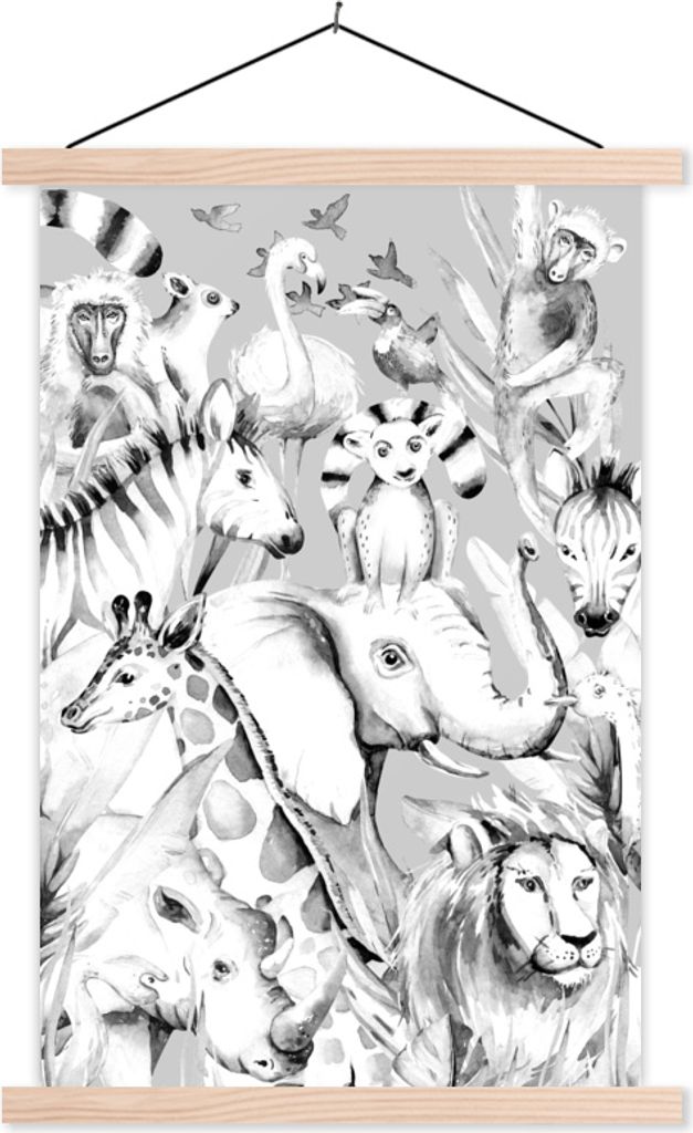 MuchoWow Textilposter Wasserfarben - Tiere - Flamingo - Elefant - Jungen - Blau - Kinder - Kind 60x90 cm mit holzfarbenen Rahmen - Textil