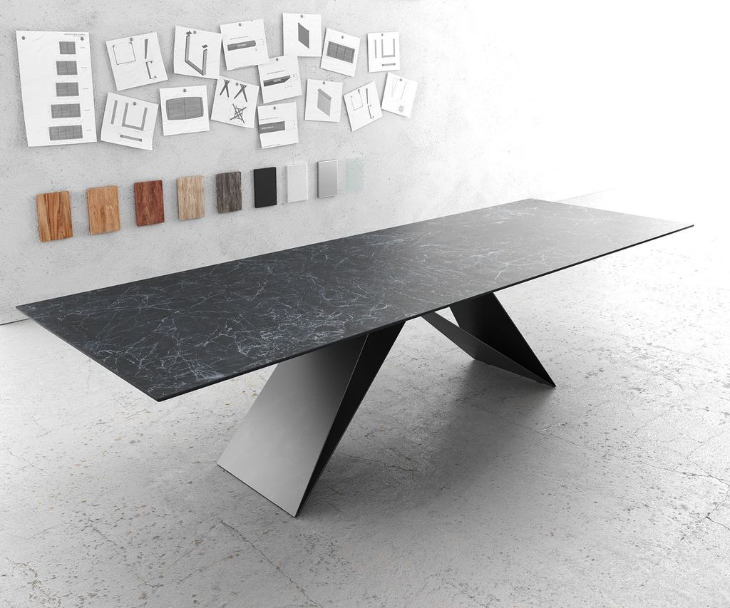 DELIFE Esstisch Edge 300x100cm Keramik Laminam Nero Greco Anthrazit V-Mittelfuß Schwarz