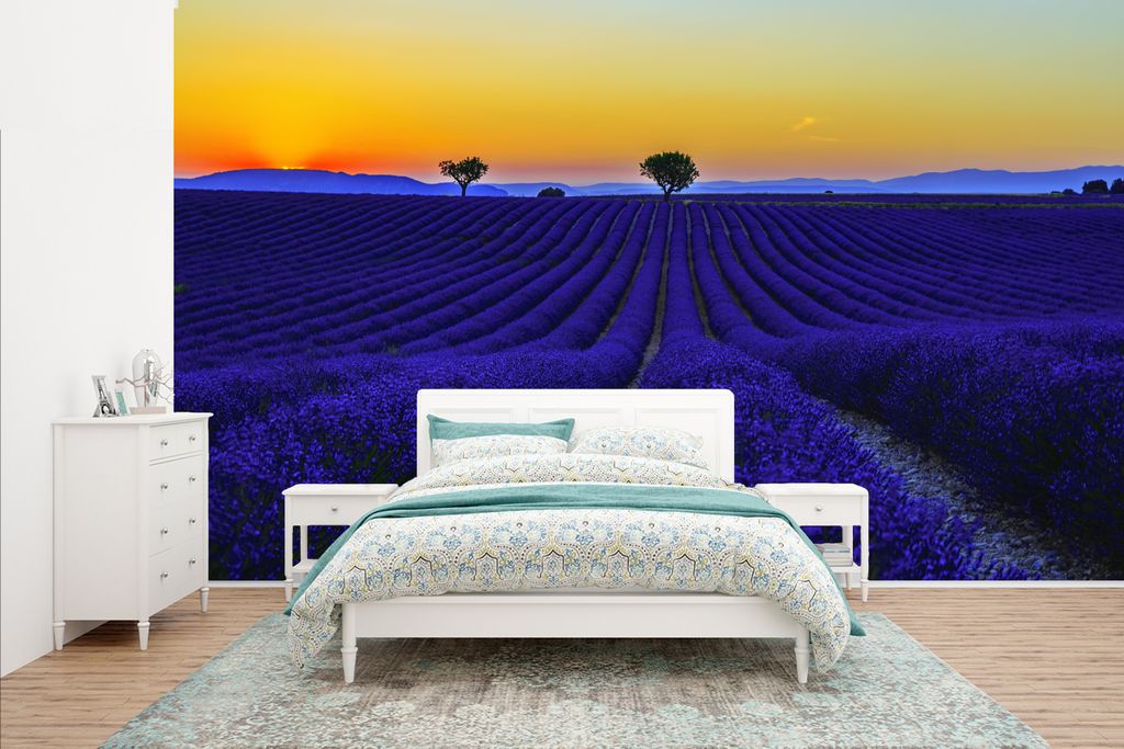 MuchoWow Fototapete für Wohnzimmer oder Schlafzimmer Wandtapete Vinyl Motivtapete Farben - Lavendel - Sonnenuntergang - 400x240 cm - Gemustert