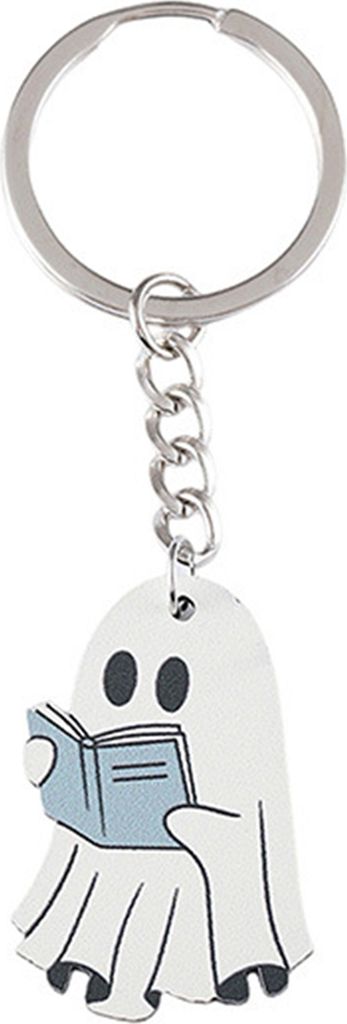 Halloween-Geister-Schlüsselanhänger, Cartoon-Geist mit Buch-Anhänger, leichter Holz-Schlüsselring, Halloween-Schmuck für Frauen