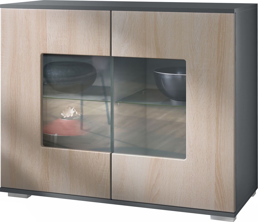Vladon Kommode Grömitz V3, Moderner Küchenschrank mit 2 großen Glastüren Anthrazit matt / Eiche sägerau (92,5 x 75.5 x 35)
