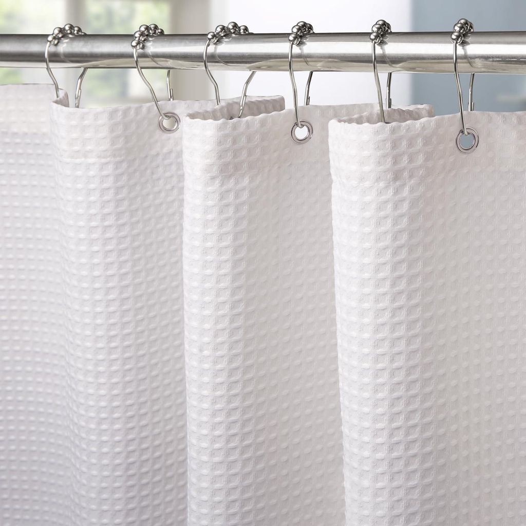 Duschvorhang mit Waffelstruktur und Metallringen, Textil-Badevorhang, schimmelresistentes Badezimmer-Vorhangset, wasserdichter Duschvorhang, besond...