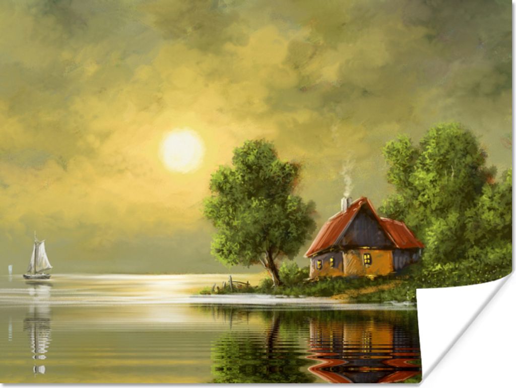MuchoWow Poster Gemälde - Ölfarbe - Haus - Natur - Wasser 40x30 cm - Plakate für die Wände - Poster Wohnzimmer