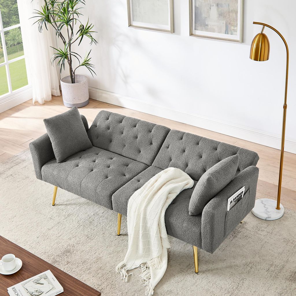 MODFU Teddyfell-Bouclé-Zweiersofa,3-stufige verstellbare Rückenlehne,Schlafsofa mit 2 beigelegte Kissen,Relaxsofa,stabile Metallbeine,weich und k...