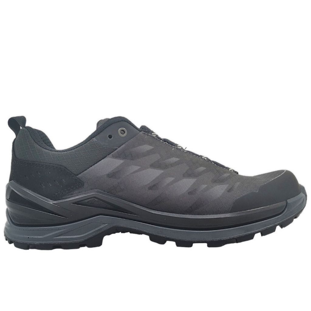 A side view of a black and gray Lowa hiking shoe against a white background.