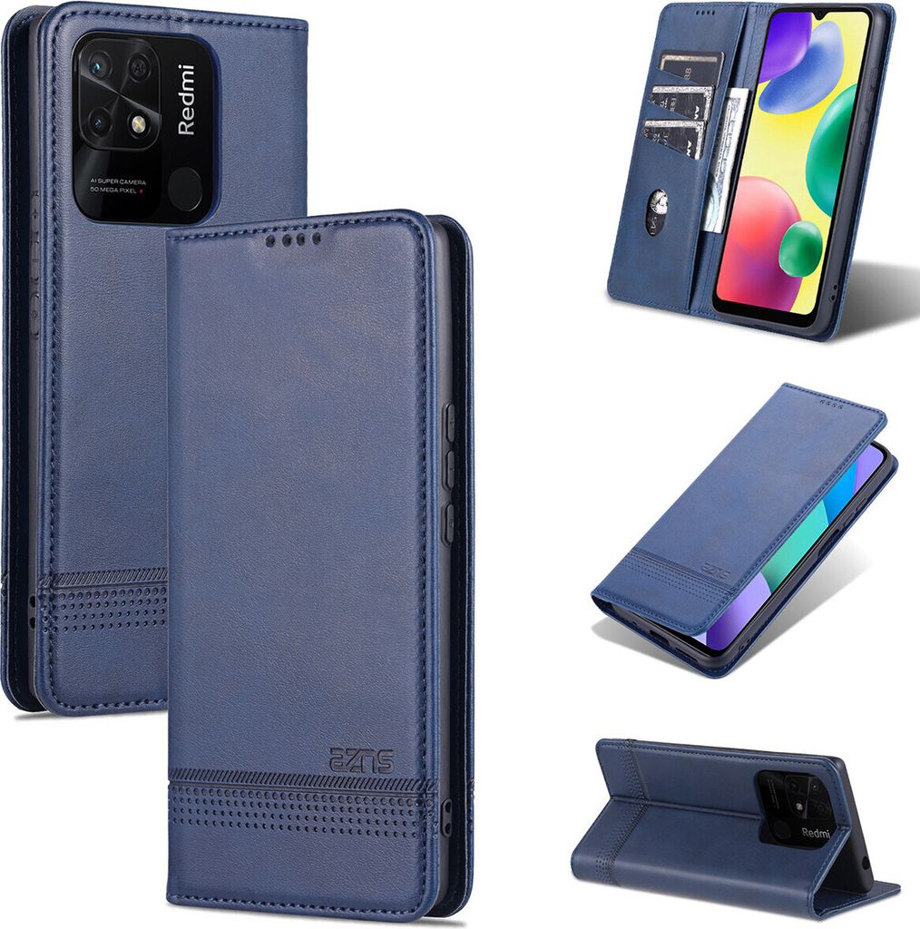 Xiaomi Redmi 10C Leder Hülle, Klapphüllen Brieftasche Magnetverschluss Ständer Schutzhülle für Xiaomi Redmi 10C Blau