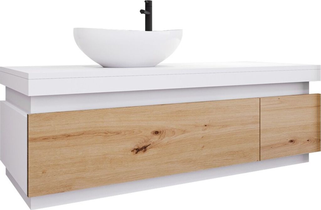 A bathroom vanity with a sink and faucet against a white background.