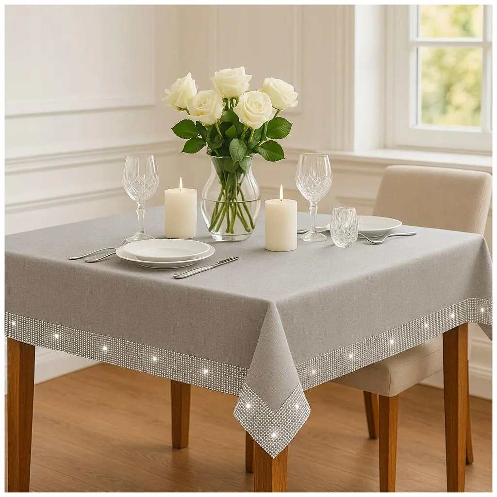 Tovaglia natalizia antimacchia Grigio + Zirconi argento Glamour 150x300