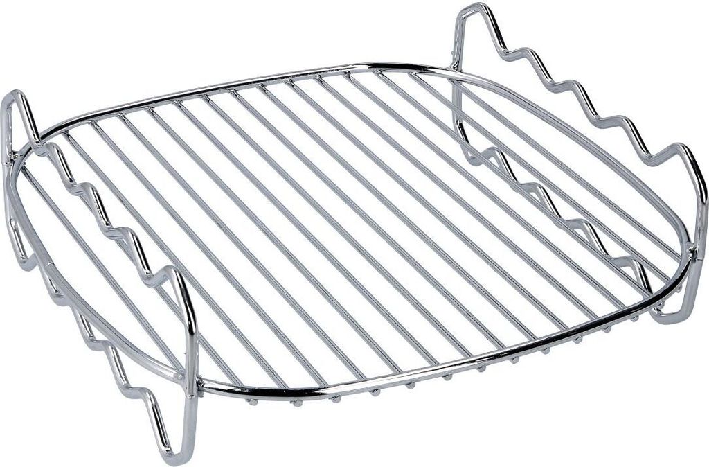 A silver metal grill rack for an air fryer, shown from a diagonal angle against a white background.