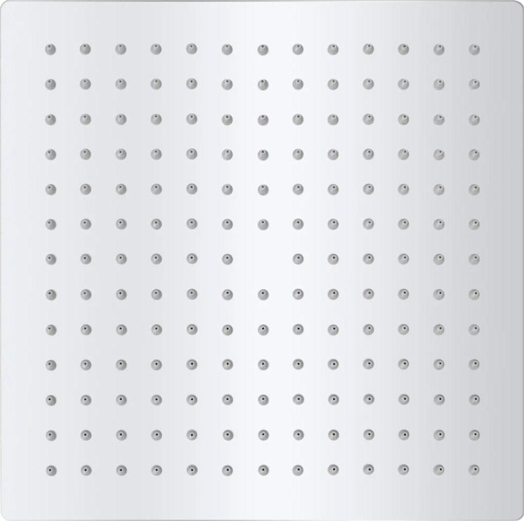 A square shower head with multiple nozzles, viewed from directly above.