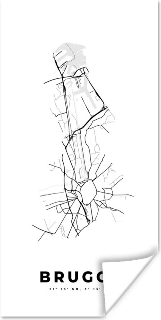 MuchoWow Poster Belgien - Brügge - Stadtplan - Karte - Schwarz und weiß - Karte 60x120 cm - Wandschmuck