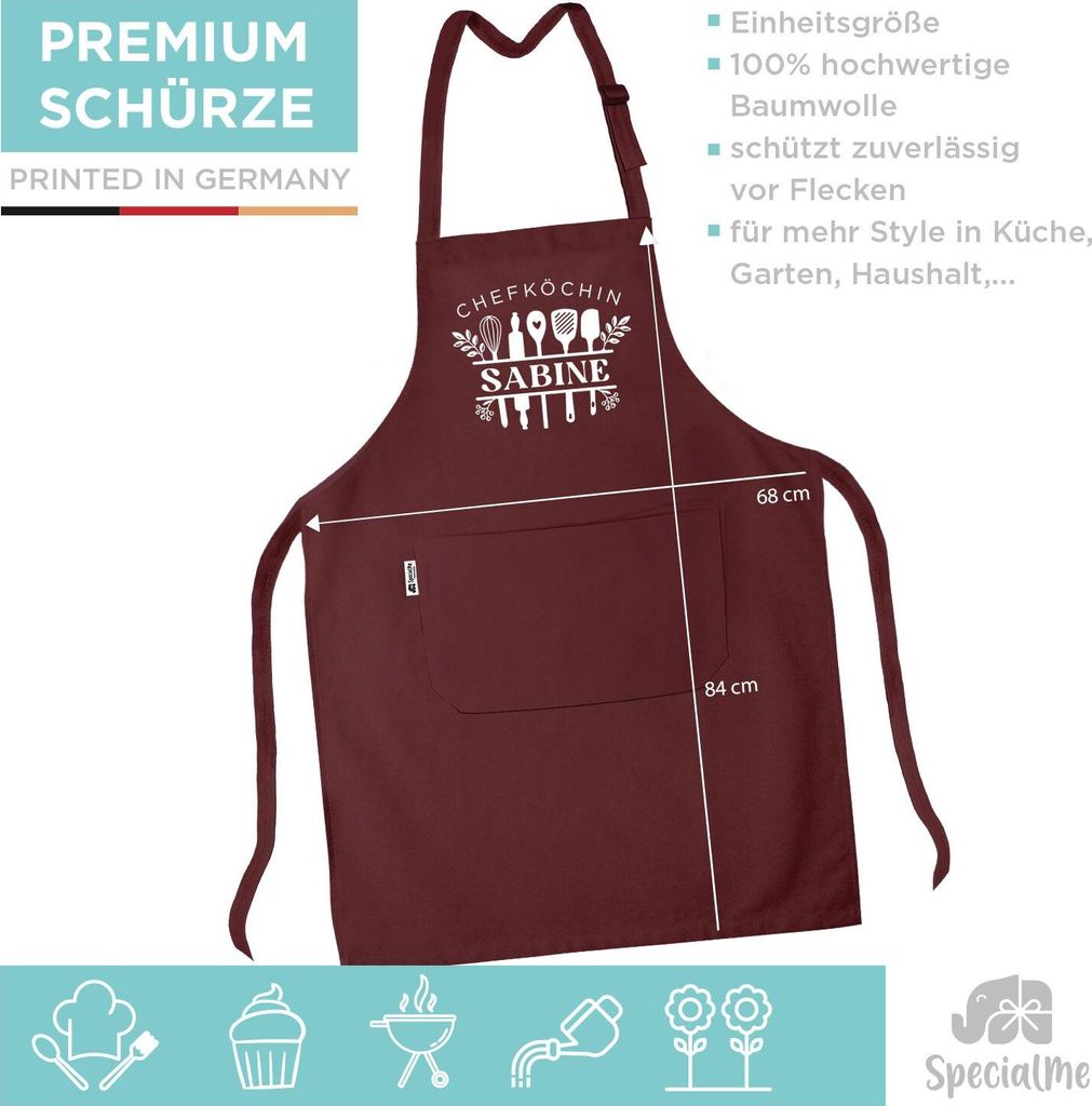 Kochschürze Damen mit Namen und Schriftzug Chefköchin personalisierte Geschenke Mama Frau Baumwolle SpecialMe bordeauxrot unisize