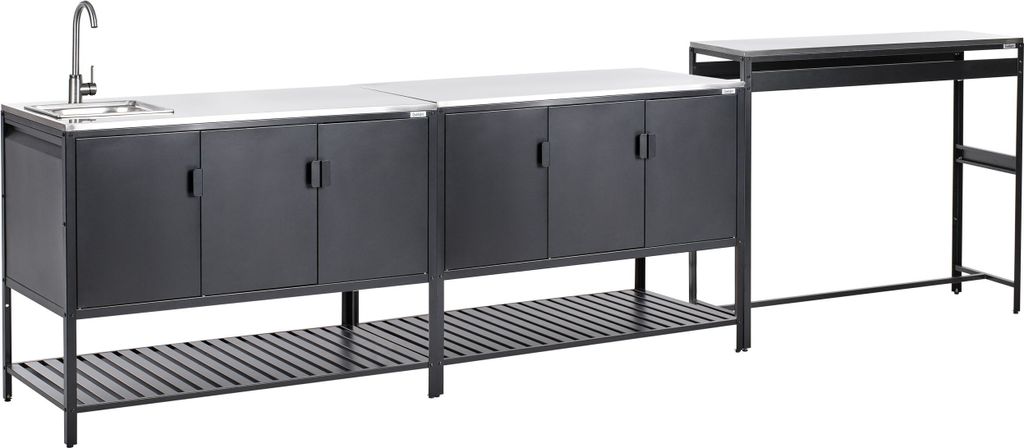BELIANI Outdoor-Küche 3er Set Schwarz Stahl mit Spüle Bartisch Edelstahlplatte Modern Gartenküche Outdoor-Küchenmöbel Kücheninsel für Garten...
