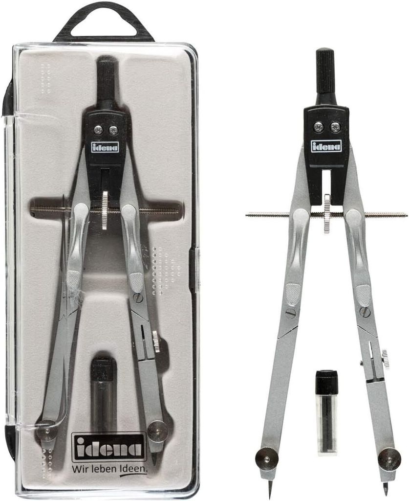 A set of compasses in its packaging and a separate compass with its accessories.